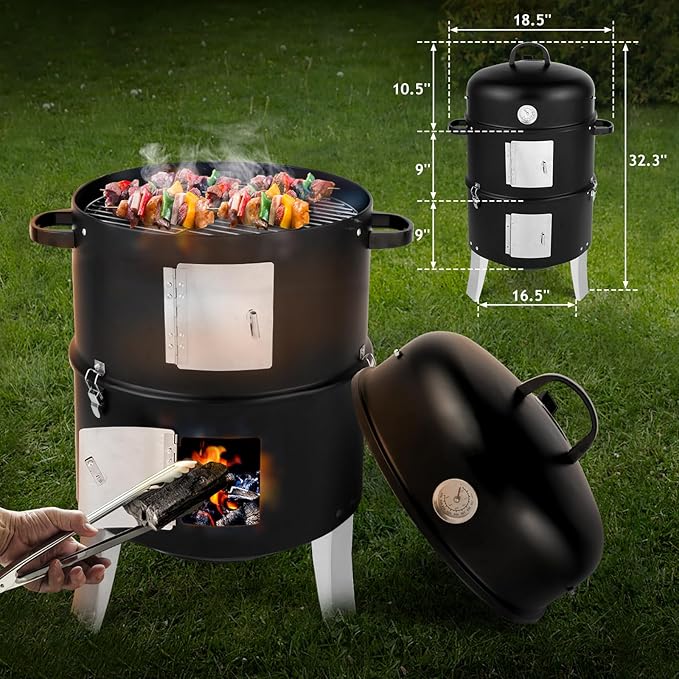 16.5 Inch BBQ Smoker Grill, 3-in-1 Vertical Charcoal Smoker, Portable Outdoor Meat Smokers with Built-In Thermometer, Air Vent, And 2 Access Doors, Idea for Parties, Backyard, Barbecues