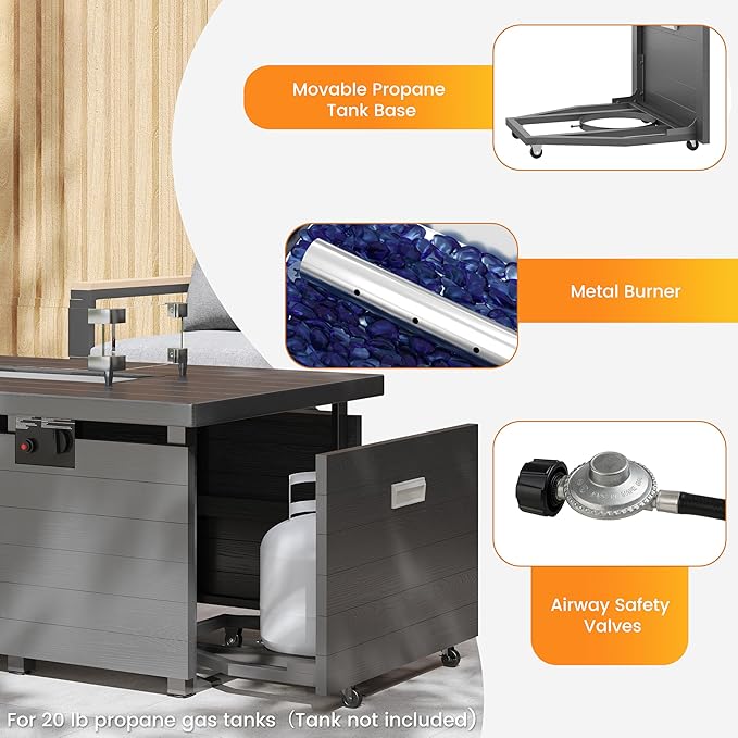 Sundale 50 Inch Outdoor Fire Pit Table, 50,000BTU Rectangle Propane Fire Pit with Glass Wind Guard, Rain Cover, Removable Lid, CSA Certified, Gray