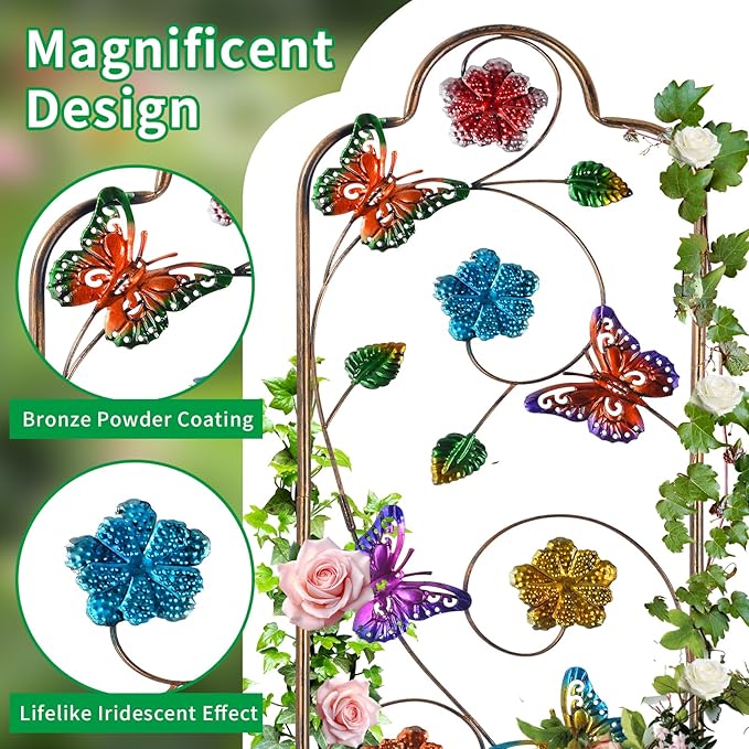 2-Pack Metal-Garden-Trellis Plant-Support-Trellises Outdoor-Decoration Arched-Fence-Trellis - for Climbing Plants Patio Lawn Yard Backyard Wall Brackets 60'' H x 12'' W Colorful Butterfly