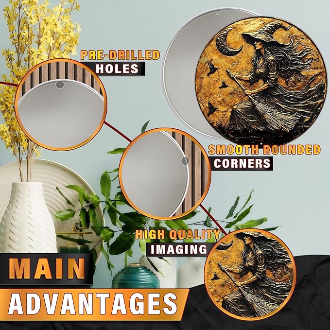 PEACHGARDEN Round 2D Halloween Witch Broom Vintage Sign Halloween Witch Metal Tin Sign for Home Bar Kitchen Hotel Dining Room Coffee 12x12inch