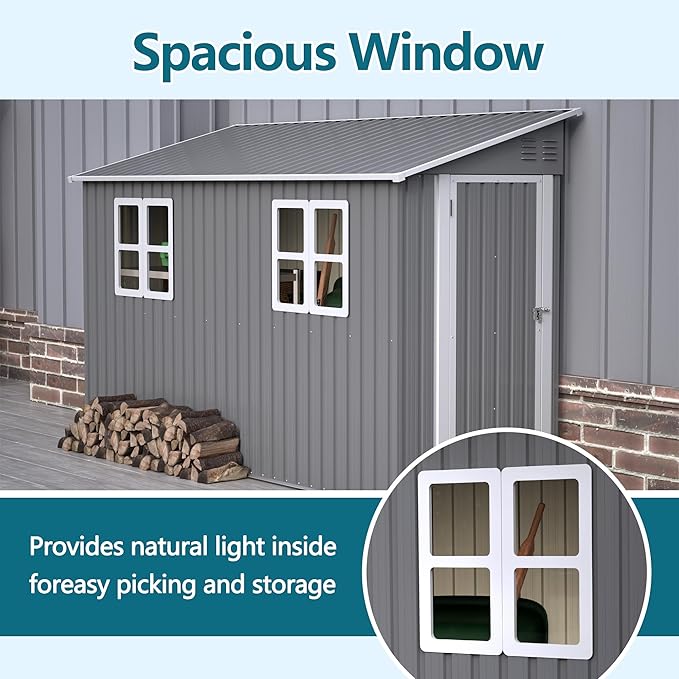 Lean Outdoor Storage Shed with 2 Adjustable Windows, 4x10 FT Heavy-Duty Outdoor Shed w/Reinforced Floor Fram and Lockable Door, Garden Tool Storage Cabinet for Backyard Garden Patio Lawn, Gray