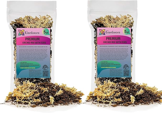 Premium Orchid Mix by GARDENERA - 10 Quart - Fern + New Zealand Pine Bark + Sphagnum Moss + Perlite | Best for Growing and Repotting Orchids (2 Bags of 5 QT)
