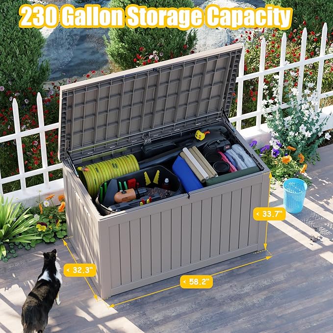 230 Gallon Large Deck Box,Resin Outdoor Storage Box with Lockable for Patio Furniture, Pool Accessories, Garden Tools Waterproof Outside Storage Box, Grey