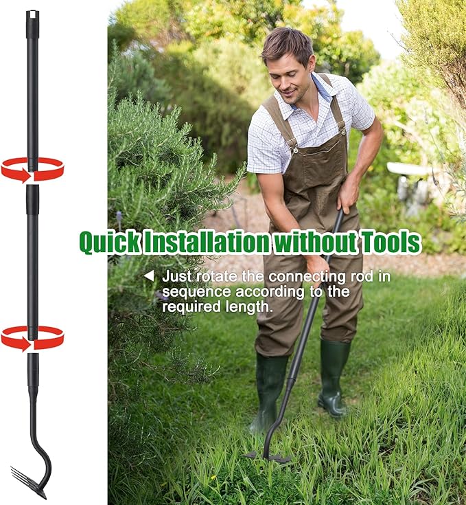 Weed Puller Tool, Garden Weeding Rake Tools with Detachable Long Handle, 56 inch Weed Remover Gardening Hand Tool for Lawn, Yard, atio and Backyard (4 Tines)