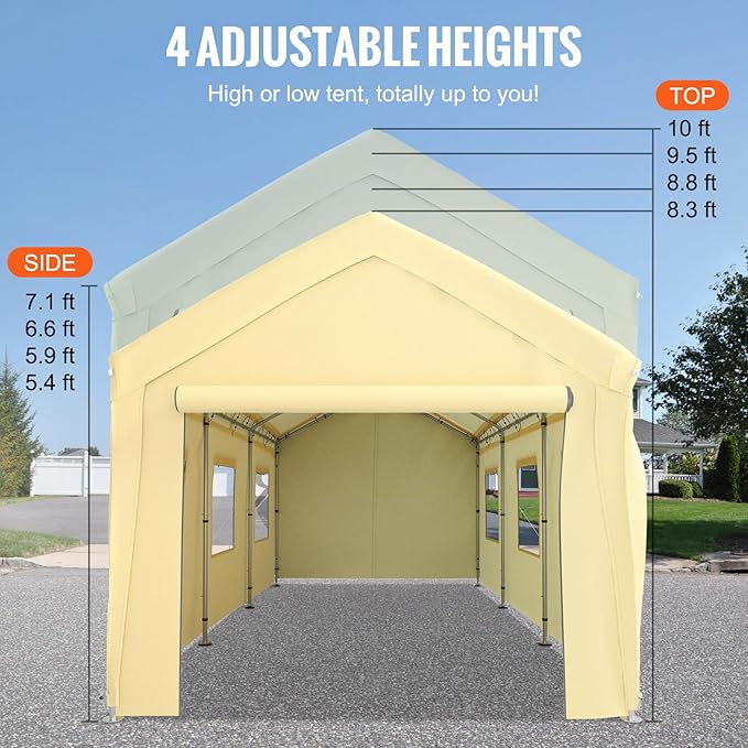 VEVOR Carport 10x20 ft Heavy Duty Canopy, Portable Garage Shelter with 8 Legs, Removable Sidewalls & Windows, Adjustable Peak Height 8.3-10 ft, Ideal for Cars, Boats, and Parties, Yellow