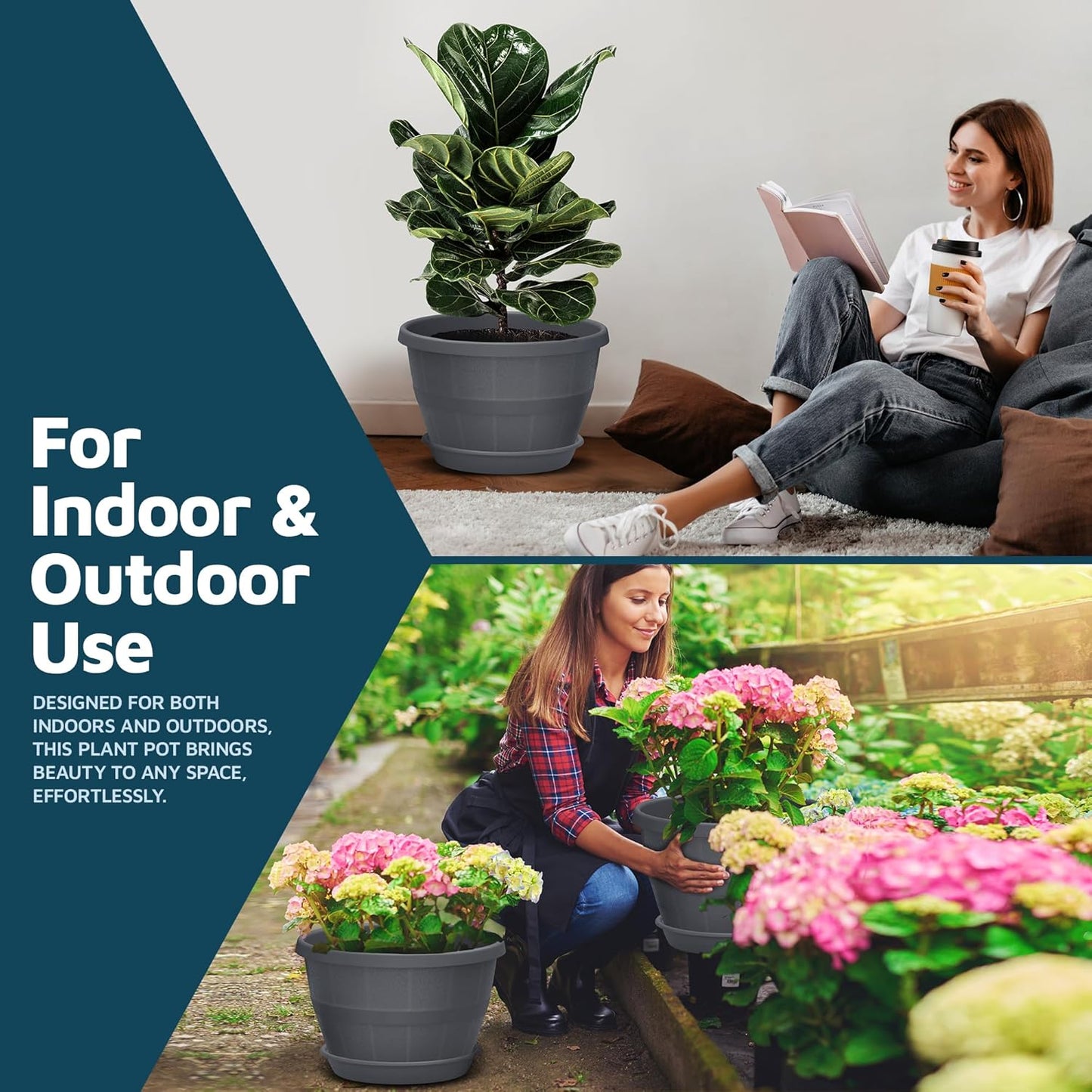 10-Inch Whiskey Barrel Planters Outdoor Pack of 5 - Durable Plastic Plant Pots for Indoor & Outdoor Use with Drainage & Saucer, Lightweight Rustic Barrel Planters for Flowers, Herbs & Small Plants