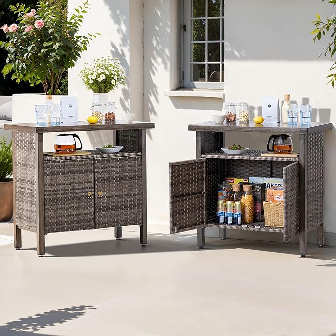 Outdoor Storage Cabinet, Woven Rattan Bar Table with 2 Doors, Slatted-Top, Wicker Console Table for Patio, Garden, Backyard, Kitchen - Brown