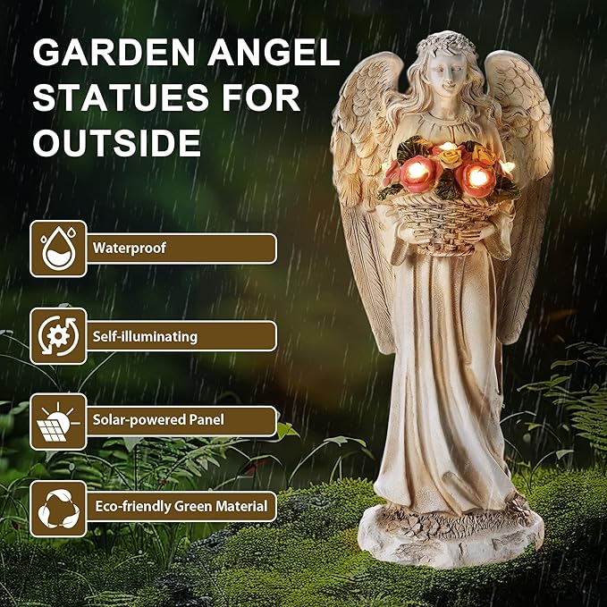 Solar Angel Garden Statue Outdoor Holding Flowers, 11.2in Waterproof Garden Figurines for Patio, Balcony, Lawn, Yard or Outdoor Garden Decoration