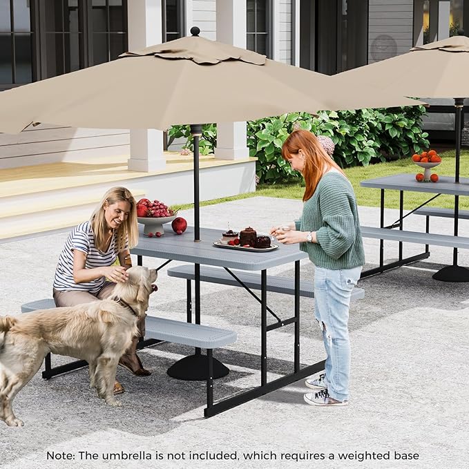 Giantex Picnic Table Bench Set for 4 People, 4.5FT Outdoor Rectangular Dining Table & 2 Benches w/Umbrella Hole, HDPE Tabletop, Metal Frame, Patio Garden Backyard Poolside (4.5FT,Non-Foldable,Gray)