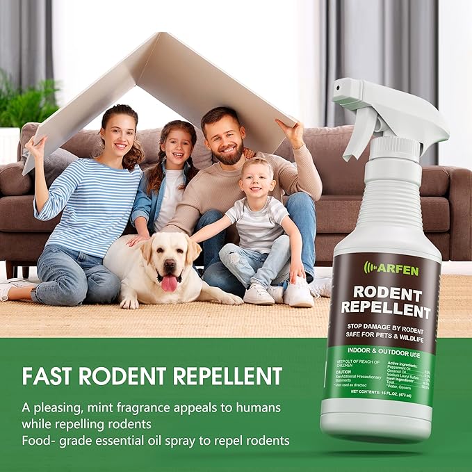 Rodent Repellent Spray – Effective Natural Peppermint Formula for Mice, Rats, Squirrels, and Rodents. Safe for Indoor, Outdoor, and Car Engines. Safe for People and Pets. 16oz
