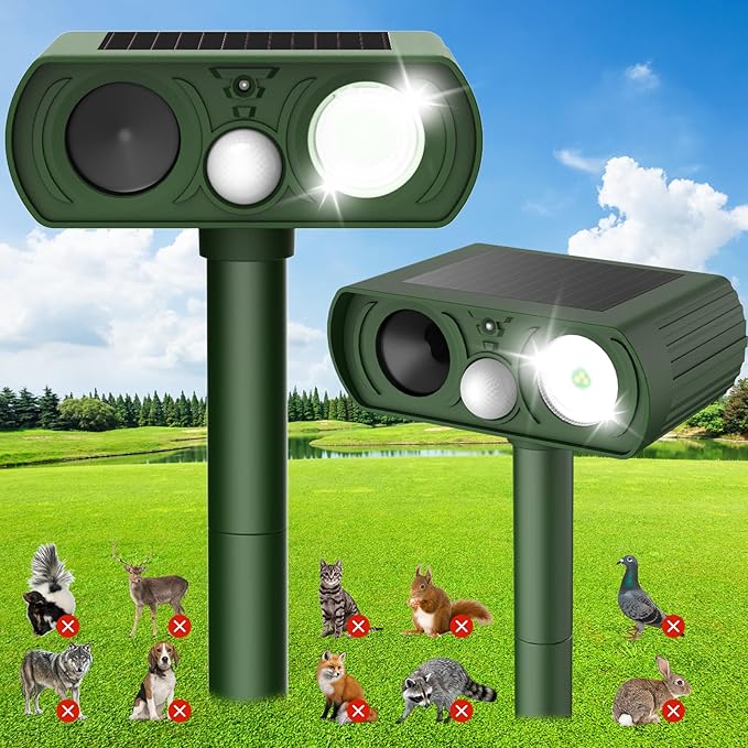 Solar Ultrasonic Animal Repellent, Deer Repellent Devices Waterproof with Motion Detection, Cat Repellent Outdoor Squirrel Skunk Rabbit Dog Raccoon Bird Deterrents Animal Repeller for Yard, 2 Pack