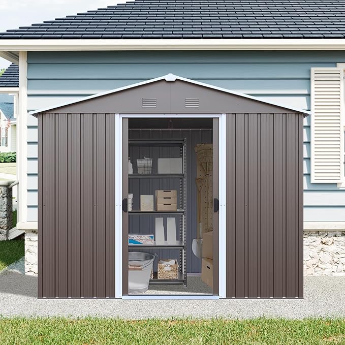 4x8 FT Outdoor Storage Shed, Metal Garden Shed with Frame Floor, Outside Tool Shed with Window, Waterproof Storage Building with Lockable Sliding Doors & Sloped Roof for Backyard, Patio, Warm Gray