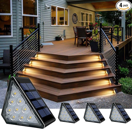 Solar Step Lights, Stair Fence Triangle Lights IP67 Outdoor Waterproof LED Deck Light for Garden Yard Patio, Porch, Front Door, Outside, Pathway, Warm White 4 Pack