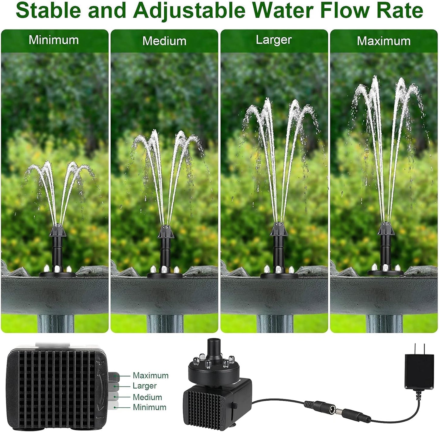 24-Hours Working Bird Bath Fountains Plug in, Jutai Adjustable DC 12V Water Fountain Pump with LED Light for Birdbath, Garden, Small Fish Tank, Pond,16.4Ft Power Cord, Adapter Included(White)