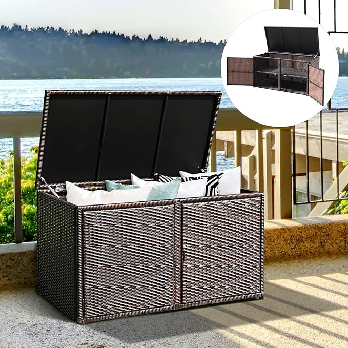 HAPPYGRILL Deck Box Outdoor Wicker Storage Box Cabinet 88 Gallon Storage Container Bin Box for Furniture Tools in Garden Balcony Porch Yard