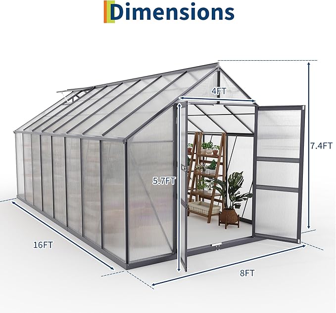 Greenhouses for Outdoors, Polycarbonate Greenhouse with Quick Setup Structure & Roof Vent, Heavy Duty Frame Walk-in Green Houses for Outside Garden Backyard