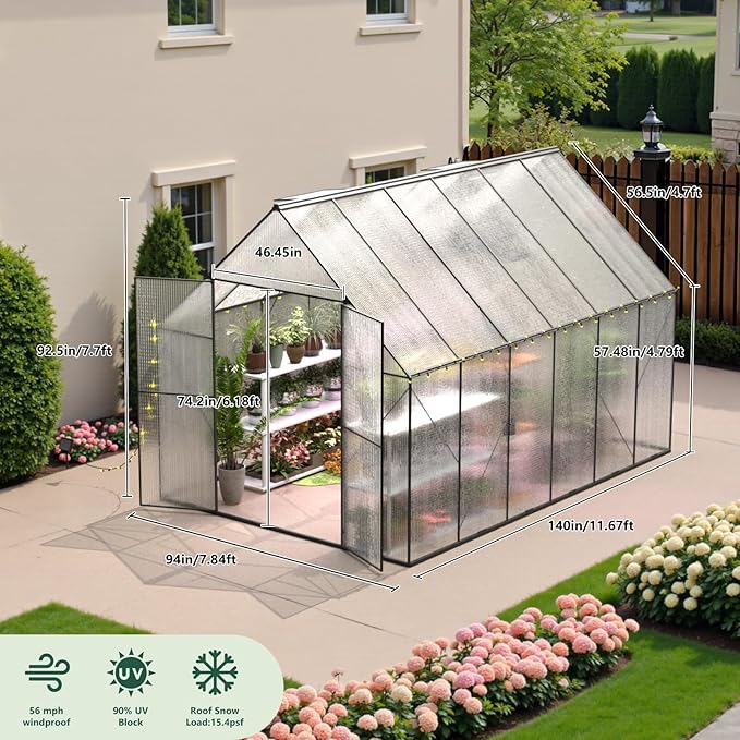 8x12 FT Green House for Outside, Greenhouse for Outdoor, Backyard Green House, Walk-in Garden Greenhouse, Heavy Duty Polycarbonate Greenhouses