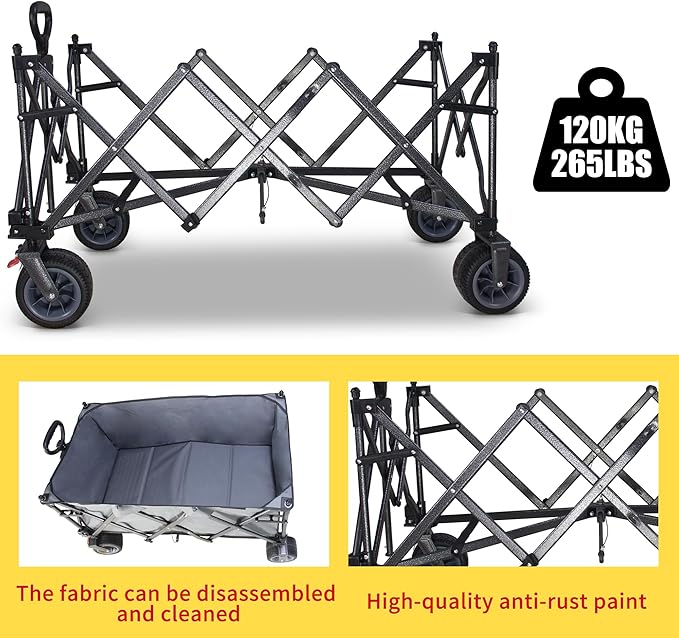 TMZ Collapsible Wagon 445L Extra Large Outdoor Utility Cart, Heavy Duty Carts Foldable with All-Terrain Big Wheels, Canopy and Brakes, Utility Beach Wagon for Outdoor Garden (Gray)