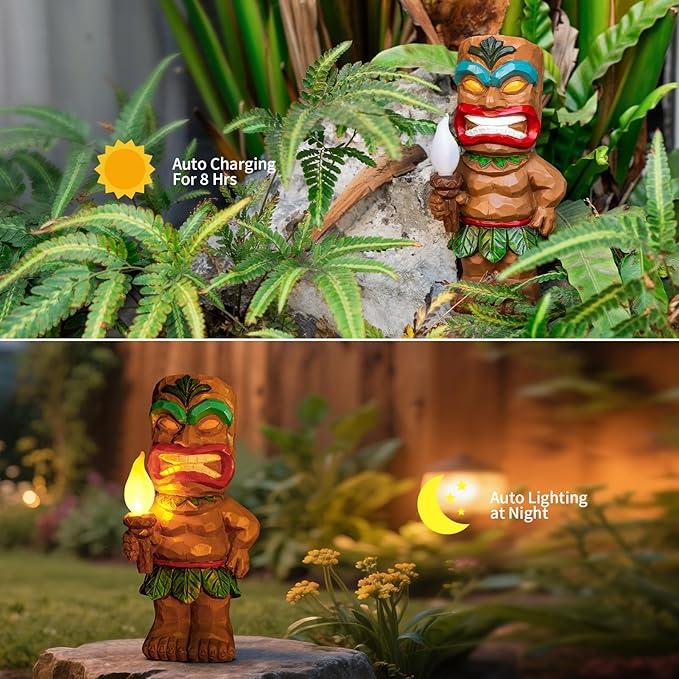 Solar Tiki Garden Statue Tiki Holding Torches with Flickering Flame LED Lights Bar Patio Porch Lawn Yard Art Outdoor Fall Decoration Halloween Birthday Christmas Gardening Gift for Dad Mom