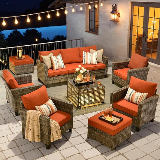 HOOOWOOO Outdoor Patio Furniture Set,8 Pieces Wicker Conversation Set,All Weather Couch Set with Solar Light Table Ottoman Chairs 9 Seaters for Out Door Yard(Brick Red)