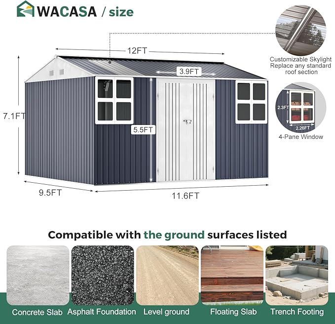 Metal shed 12x10 FT Outdoor Storage, Heavy-Duty Garden Sheds with Customizable Skylight & Reinforced Steel Frame, Weatherproof Galvanized Tool Tiny House for Backyard, Patio, and Lawn