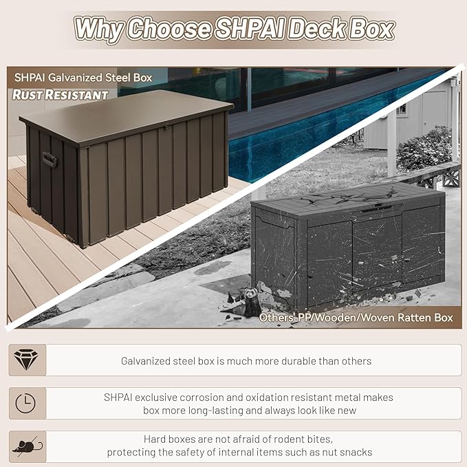 200 Gallon Deck Box, Outdoor Metal Storage Box Waterproof, Large Patio Furniture Storage Cabinet, Lockable Storage Chest for Porch, Pillows, Cushions, Pool, Tools, Backyard -Brown