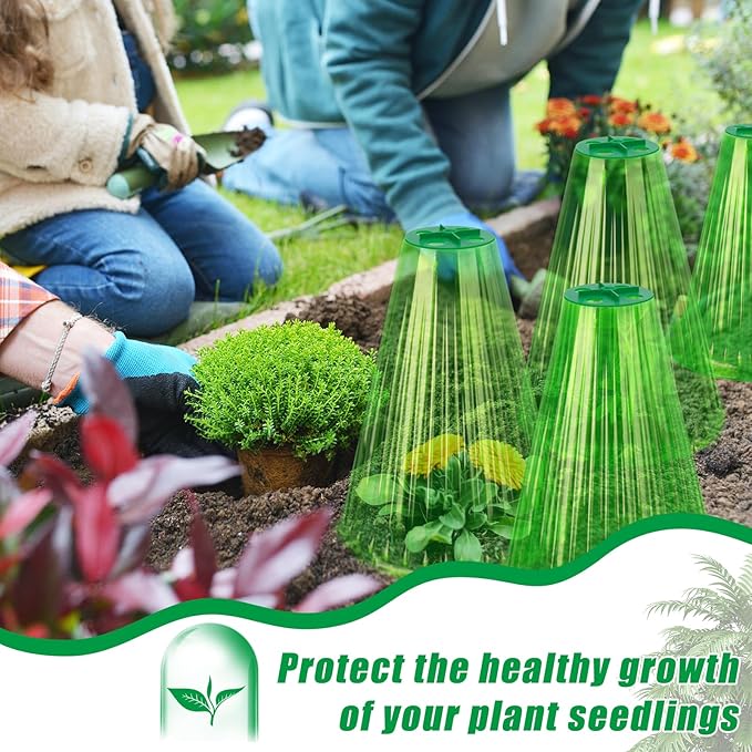 UQM 50 Pack Garden Cloches for Plants, Reusable Bell Plant Protector with Rotary Vent Cover, Garden Protection from Animals Snails Birds Chickens Insect, 9.18" H X 7.56" D (Green)