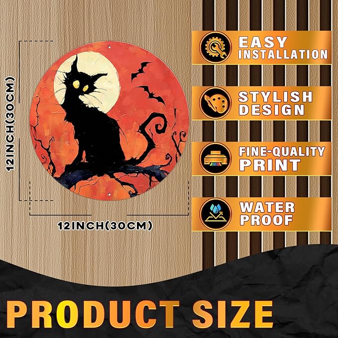 PEACHGARDEN Vintage Halloween Black Cat Round Tin Sign Gothic Decor Wall Art Metal Plaque 12x12inch