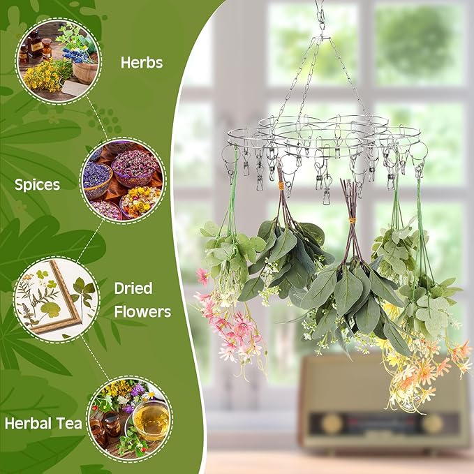 Bokon 4 Pcs Hanging Drying Rack for Herb Macrame Flower with Stainless Clip Dryer Hook for Drying Herb Air Plants Spices Flower Hydroponic Plant Ready to Use with Ceiling Hook(Plum Shape)