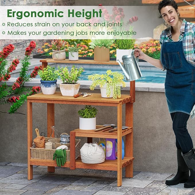 Happygrill Potting Bench Table, Outdoor Wood Work Bench with Storage, Open Shelves & Teak Oil Finish, Patio Horticulture Garden Table for Backyard, Balcony, Natural