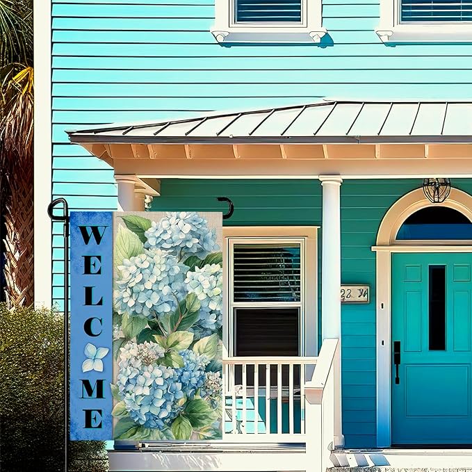 Hydrangea Garden Flags Welcome Spring Summer Yard Flag Waterproof Blue Floral Garden Flag for Outside Double Side Burlap Flowers House Banner Decor Standard Size 12×18 Inch