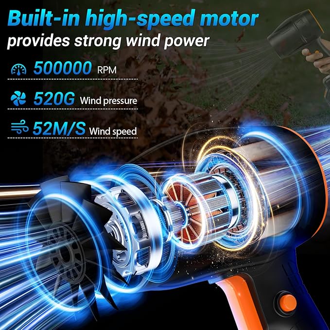 Handheld Electric Cordless Leaf Blower – 500,000RPM Mini Turbo Jet Blower with 2×4.0Ah Batteries & Charger, Lightweight for Patio, Lawn, Garage Cleaning (Black)