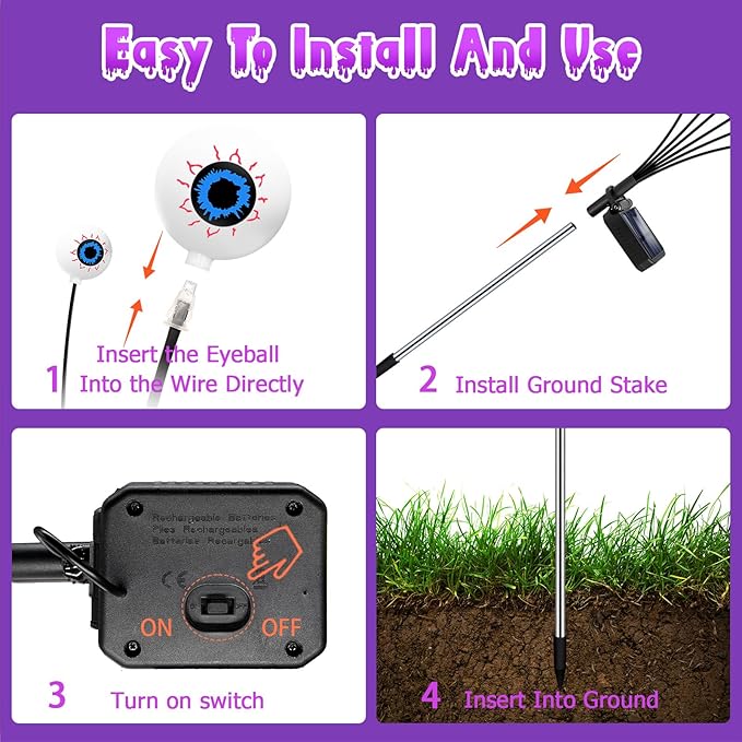 Kohlrabi Halloween Decorations Outdoor, 6 Pack 36 LED Solar Scary Eyeball Swaying Lights, Purple Solar Firefly Light Waterproof Outdoor Garden Lights for Halloween Yard Garden Lawn Party Flower Bed