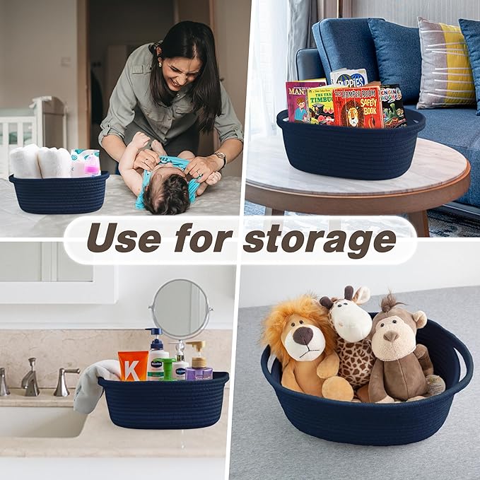 Pro Goleem Small Woven Basket with Gift Bags and Ribbons Durable Baskets for Gifts Empty Small Rope Basket for Storage 12"X 8" X 5" Baby Toy Baskets with Handles, Navy Blue