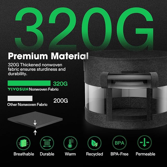 VIVOSUN 5-Pack 10 Gallon Potato Grow Bags, Thick Fabric Pots with 360 Visibility & Harvest Window, Black