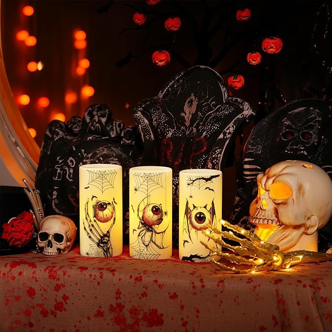 Eldnacele Halloween Flameless Flickering Candles with Timer, Battery Operated Spider Eyeballs, Bat Eyeballs, Skeleton Hand Eyeballs Decals Real Wax LED Pillar Candles Horror Spooky Decor(3pcs,D3×H6)