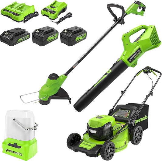 Greenworks 48V (2x24V) Cordless Yard Tool Combo - 21" Self - Propelled Mower, 12" Trimmer, Blower + 24V 500 Lumen Lantern