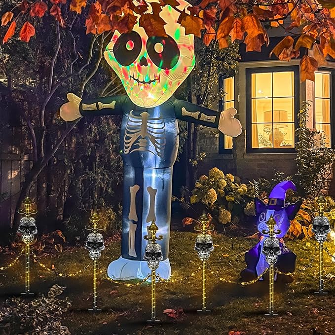 13 Set of Halloween Skull Garden Fence with Solar Light Graveyard Decor Light up Halloween Skull Lawn Stakes Pathway Decor with Connecting Chain for Outdoor Holiday Yard Decoration