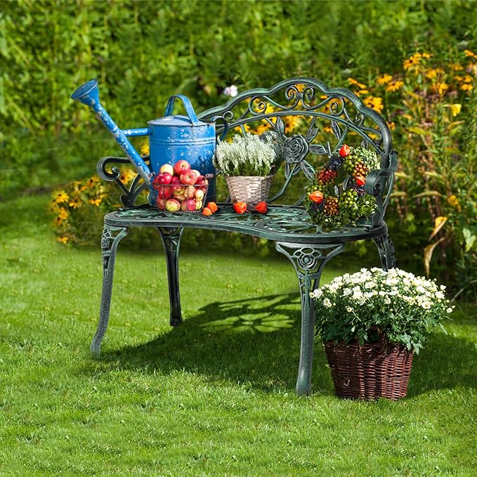 VINGLI 38.5" Patio Park Garden Outdoor Metal Rose Bench,Cast Iron Cast Aluminium Frame Antique Finish Chair,Accented Lawn Front Porch Path Yard Decor Deck Furniture for 2 Person Seat（Green&Black