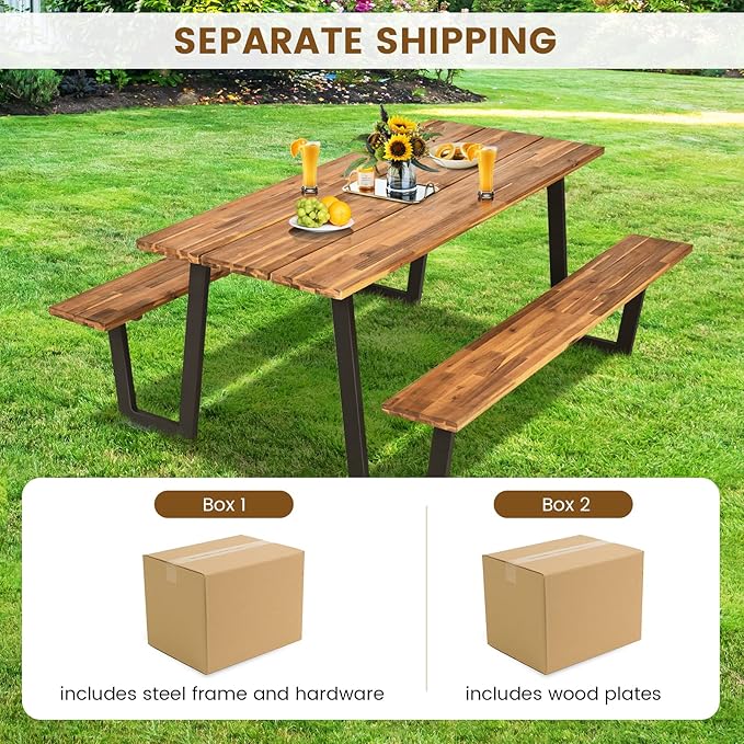 Tangkula Wooden Picnic Table, Outdoor Acacia Wood Picnic Table with 2 Built-in Benches, Umbrella Hole, Steel Frame, Outside Table and Bench Set for Garden, Backyard, Porch, Patio