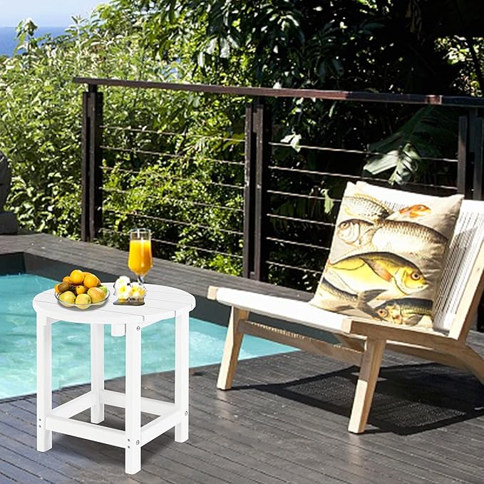 LZRS Round Adirondack Patio Side Table End Table, Outdoor Side Tables for Patio, Backyard,Pool, Indoor Companion, Easy Maintenance & Weather Resistant(White)