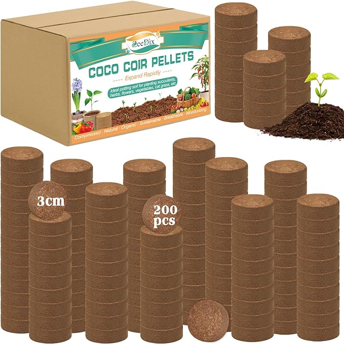 ZeeDix 200pcs(30mm) Coco Coir Pellets Potting Soil Indoor Plants, Compressed Coconut Coir Soil Pellets Seed Starting Pellets Discs for Planting Flowers Bonsai Herbs Plants and Vegetables