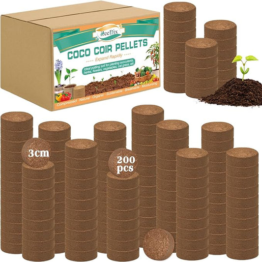 ZeeDix 200pcs(30mm) Coco Coir Pellets Potting Soil Indoor Plants, Compressed Coconut Coir Soil Pellets Seed Starting Pellets Discs for Planting Flowers Bonsai Herbs Plants and Vegetables