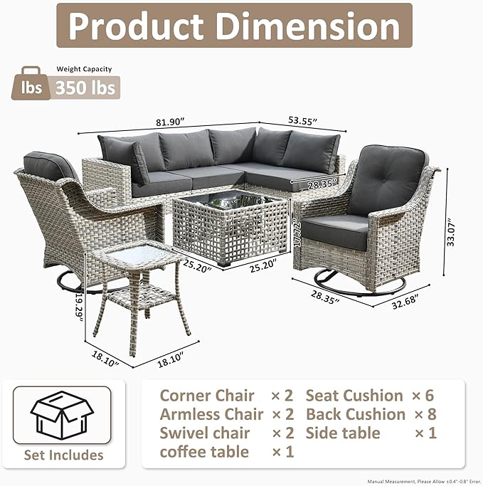 HOOOWOOO Outdoor Patio Furniture Set,8 Pieces Wicker Out Door Sectional Furniture L Shaped Couch,Patio Conversation Sets with Swivel Rocking Chair LED Table,Black