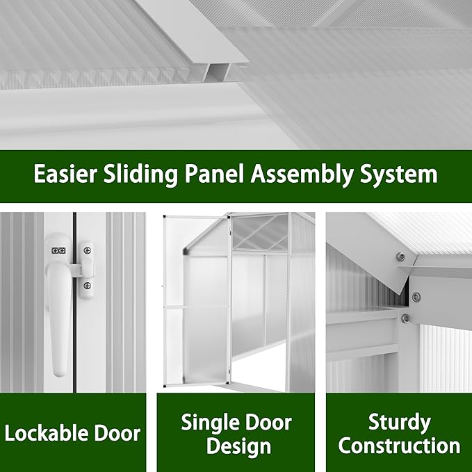 6' x12' Double-Wall Polycarbonate Aluminum Greenhouse Kit for Outdoor, Walk-in Greenhouse with Lockable Door and Adjustable Roof Vent, Backyard Garden in Winter, White