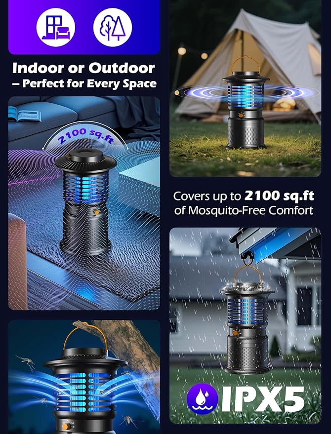 4-in-1 Mosquito Trap & Bug Zapper, Portable Rechargeable Fly Zappers with 10000mAh Battery, Bug Zapper Indoor with Silent Wind Suction, Auto On/Off Zapper Outdoor