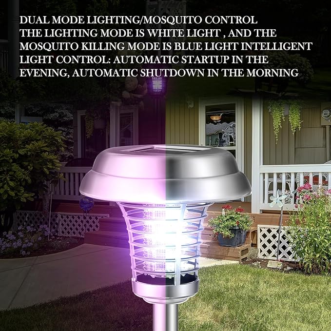 Qualirey 4 Pcs Solar Bug Zapper Waterproof Outdoor Mosquito Zapper Killer and Lighting Repellent Lamp for Indoor Outdoor Use Garden Patio, Purple and White Light(Stainless Steel,Silver)
