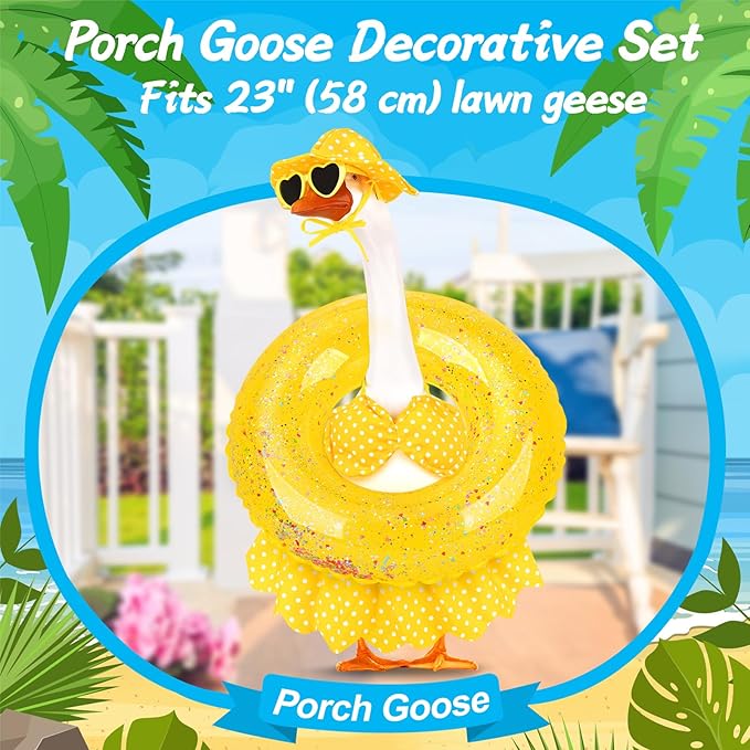 6 Pcs Porch Goose Outfits Summer Hawaiian Bikini Yard Garden Lawn Goose Clothes for Plastic Cement Goose Statue 17” 23" Funny Porch Goose Costume Accessories Set for Patio Outdoor Decoration