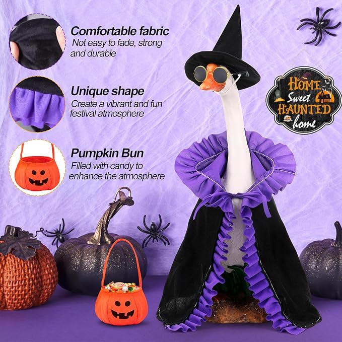 Halloween Porch Goose Outfits Witch with Accessories Yard Garden Lawn Goose Clothes for Plastic Cement Goose Statue 23" Fall Witch Porch Goose Costume Set for Patio Outdoor Decoration