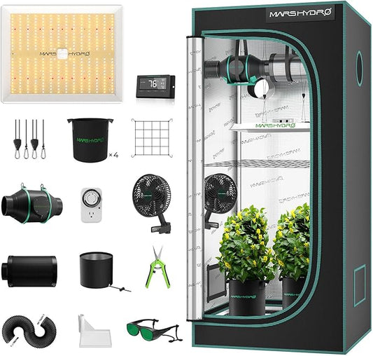 MARS HYDRO 3x3 Grow Tent Kit with Temperature Humidity Controller,150W TS1000 LED Grow Light,32"x32"x63" 1680D High Reflective Mylar,4 inch Customized Ventilation System,10 Speed Grow Tent Fan